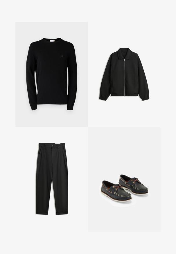 Svart jacka i strukturerad tyg, med full dragkedja framtill, krage och elastiska muddar, med en avslappnad passform och sidofickor.; Svart crew-neck tröja av mjukt tyg, med långa ärmar och en diskret logotyp på bröstet. Enkel design, utan mönster eller detaljer.; Svarta bomullsshorts med avslappnad passform, med en klassisk midja, framveck och sidfickor. Slät textur utan mönster.; Marina läderbåtskor med gul sömnad, röda snören och silverfärgade ögla; rund tå; vit gummisula.