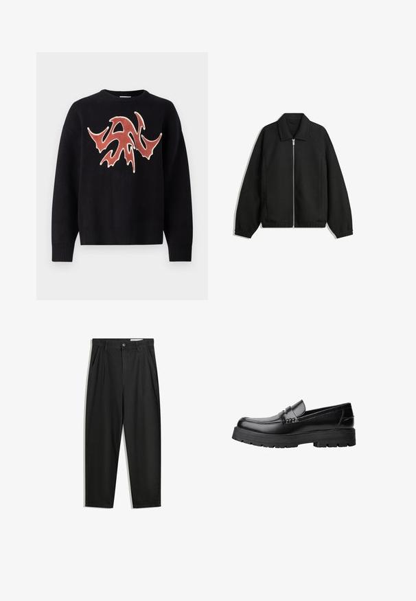 Veste noire en tissu texturé, dotée d'une fermeture éclair sur toute la longueur, d'un col et de poignets élastiques avec une coupe décontractée et des poches latérales.; Pull noir à col rond avec un design texturé et abstrait rouge et crème sur le devant. Poignets et ourlet côtelés.; Pantalon en coton noir avec une coupe décontractée, dotés d'une taille classique, de plis à l'avant et de poches latérales. Texture lisse sans motifs.; Mocassin en cuir noir avec semelle épaisse à motifs et une sangle décorative sur le dessus, présenté en profil sur le côté gauche sur fond blanc.