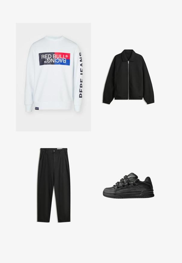 Črna jakna iz teksturirane tkanine, z dvostranskim zadrgo spredaj, ovratnikom in elastičnimi manšeti, sproščenega kroja in stranskimi žepi.; Bela dukserica z okroglim izrezom, ki ima na sprednji strani velik večbarven logotip Red Bull Racing in napis "FANS" na rokavu.; Črne bombažne hlače s sproščenim krojem, ki vključujejo klasičen pas, sprednje gube in stranske žepke. Gladka tekstura brez vzorcev.; Črne superge z gladkim usnjenim zgornjim delom, teksturiranimi detajli in okroglimi črnimi ter belimi vezalkami. Debel gumijast podplat z vzorčastim profilom.