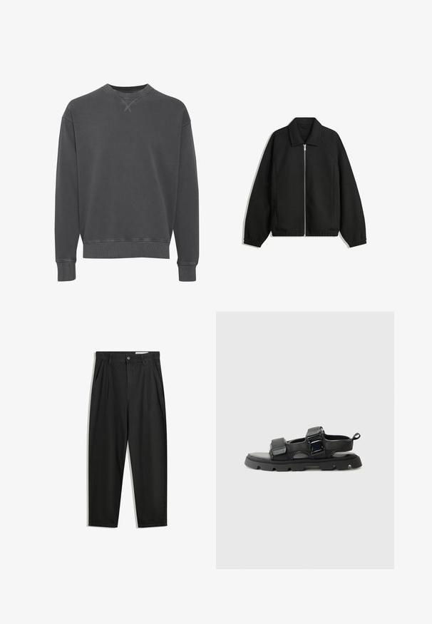 Fekete kabát texturált anyagból, teljes elöl cipzárral, gallérral és rugalmas mandzsettákkal, laza szabással és oldalsó zsebekkel.; Sötétszürke, pamut keverékből készült kerek nyakú pulóver, bordás mandzsettákkal és szegéllyel, textúrált felülettel és diszkrét varrási részletekkel.; Fekete pamut nadrág laza szabással, klasszikus derékrésszel, elülső hajtásokkal és oldalsó zsebekkel. Simább textúra minta nélkül.; Fekete szandálok texturált szövet felsőrésszel, széles pántokkal, fém csattal és vastag gumi talppal, amely barázdált mintázattal rendelkezik.