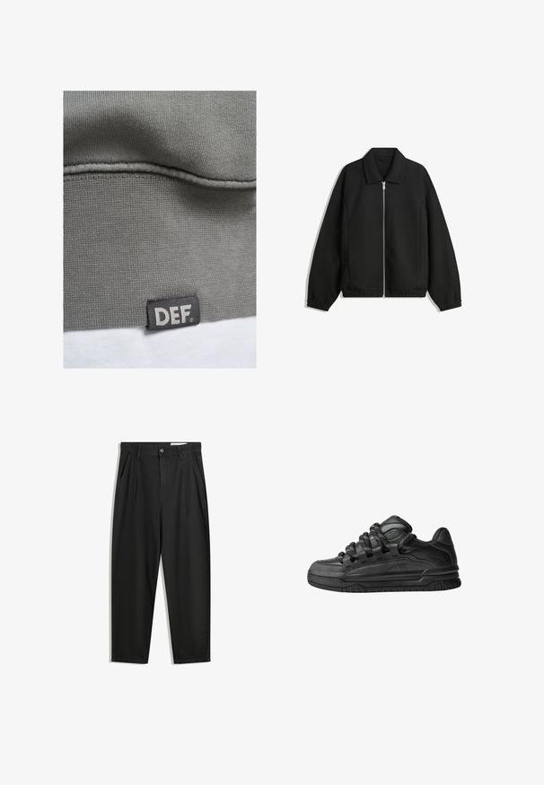 Svart jacka i strukturerad tyg, med full dragkedja framtill, krage och elastiska muddar, med en avslappnad passform och sidofickor.; Grå sweatshirtmaterial med ribbat mönster. Har en svart etikett med vit text "DEF" vid nederkanten. Slät yta och enkel design.; Svarta bomullsshorts med avslappnad passform, med en klassisk midja, framveck och sidfickor. Slät textur utan mönster.; Svarta sneakers med ovandel i slät läder, texturerade detaljer och runda svarta och vita snören. Tjock gummisula med ett mönstrat mönster.