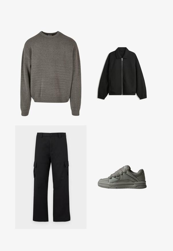 Svart jacka i strukturerad tyg, med full dragkedja framtill, krage och elastiska muddar, med en avslappnad passform och sidofickor.; Grå stickad tröja med rund halsringning, långa ärmar och ribbade mudd och nederkant. Tyget är texturerat och mjukt, med subtila variationer.; Svarta cargobyxor med rak bendesign. Tillverkade av slitstarkt tyg, med två sidofickor med klaffstängningar och knappgylf.; Grå atletisk sko med texturerat läder och mesh-överdel, tjockgummisulor, och framträdande vadderad plös och sidor. Snören och sidodetaljer ingår.