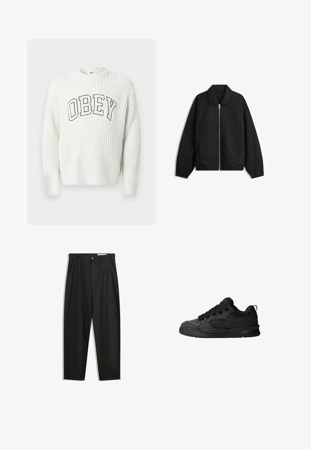 Čierna bunda vyrobená z textúrovaného materiálu, s plným predným zipsom, golierom a elastickými manžetami, so voľnejším strihom a bočnými vreckami.; Biely pletený sveter s nápisom "OBEY" v čiernych písmenách na hrudi, so žíhanou textúrou a okrúhlym výstrihom.; Čierne bavlnené nohavice s voľným strihom, s klasickým pásom, prednými záhybmi a bočnými vreckami. Hladká textúra bez vzorov.; Čierne tenisky s textúrovaným zvrškom, s šnúrkami, sieťovinovými akcentmi pre priedušnosť, polstrovaným golierom a pevnou podošvou.