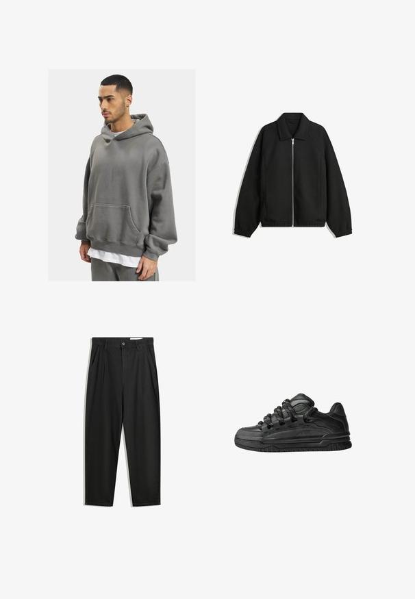 Giacca nera in tessuto texturizzato, con zip frontale a tutta lunghezza, colletto e polsini elasticizzati, dalla vestibilità rilassata e con tasche laterali.; DEF HERREN - Felpa con cappuccio - anthracite washed; Pantaloni in cotone neri con una vestibilità rilassata, dotati di una vita classica, pieghe frontali e tasche laterali. Tessuto liscio senza fantasie.; Sneaker nere con una toma in pelle liscia, dettagli testurizzati e lacci tondi neri e bianchi. Suola spessa in gomma con battistrada gommato.