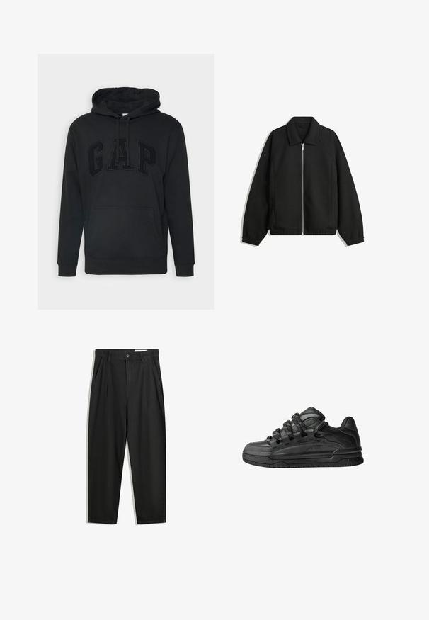 Czarna kurtka z teksturowanej tkaniny, z pełnym zamkiem z przodu, kołnierzem i elastycznymi mankietami, o luźnym kroju i kieszeniach po bokach.; Czarna bluza z kapturem z dużą kieszenią z przodu, sznurkiem do regulacji kaptura oraz wytłoczonym logo "GAP" w dopasowanym kolorze. Wykonana z miękkiego materiału z ribbowanymi mankietami.; Czarne bawełniane spodnie o luźnym kroju, z klasycznym pasem, przednimi plisy oraz bocznymi kieszeniami. Gładka struktura, bez wzorów.; Czarne sneakersy z gładką skórzaną cholewką, teksturowanymi akcentami i okrągłymi czarno-białymi sznurowadłami. Gruba gumowa podeszwa z wzorzystym bieżnikiem.