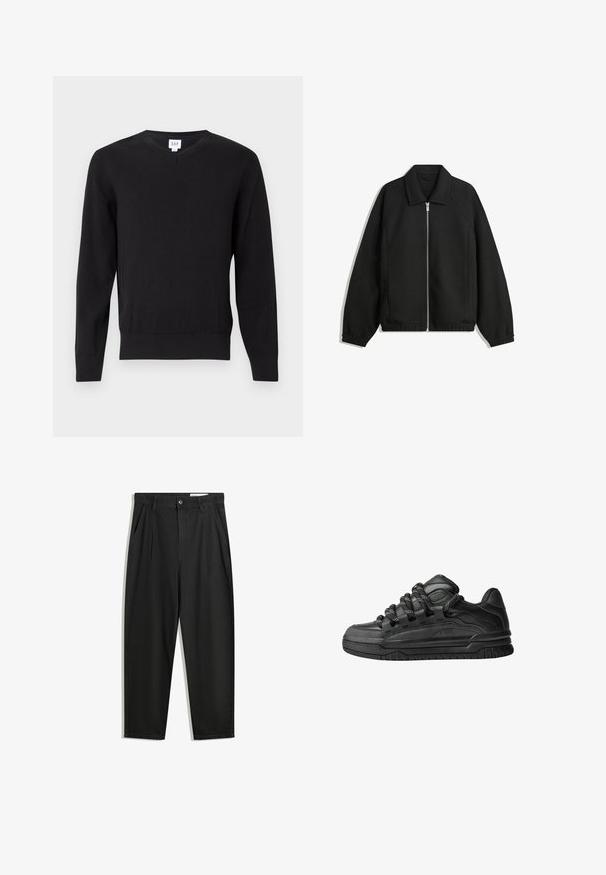 Černá bunda vyrobená z texturované látky, s plným předním zipem, límcem a elastickými manžetami, s volným střihem a bočními kapsami.; Černý svetr s výstřihem do V a dlouhými rukávy, vyrobený z hladké tkaniny. Má pružné manžety a lem, s logem značky uvnitř límce. Standardní střih.; Černé bavlněné kalhoty s uvolněným střihem, klasickým pasem, předními záhyby a bočními kapsami. Hladká textura bez vzorů.; Černé tenisky s hladkým koženým svrškem, texturovanými akcenty a kulatými černobílými tkaničkami. Silná gumová podrážka s vzorovaným dezénem.