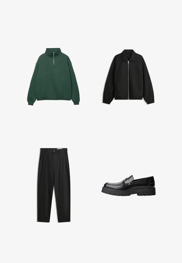 Svart jacka i strukturerad tyg, med full dragkedja framtill, krage och elastiska muddar, med en avslappnad passform och sidofickor.; Mörkgrön, zippered pullover sweatshirt med hög krage. Tillverkad av mjukt material, med sänkt axelsöm och ribbad mudd och nederdel.; Svarta bomullsshorts med avslappnad passform, med en klassisk midja, framveck och sidfickor. Slät textur utan mönster.; Svart läderloafer med kraftig mönstrad sula och dekorativ rem över framtill, visad i vänster sidoprofil på vit bakgrund.