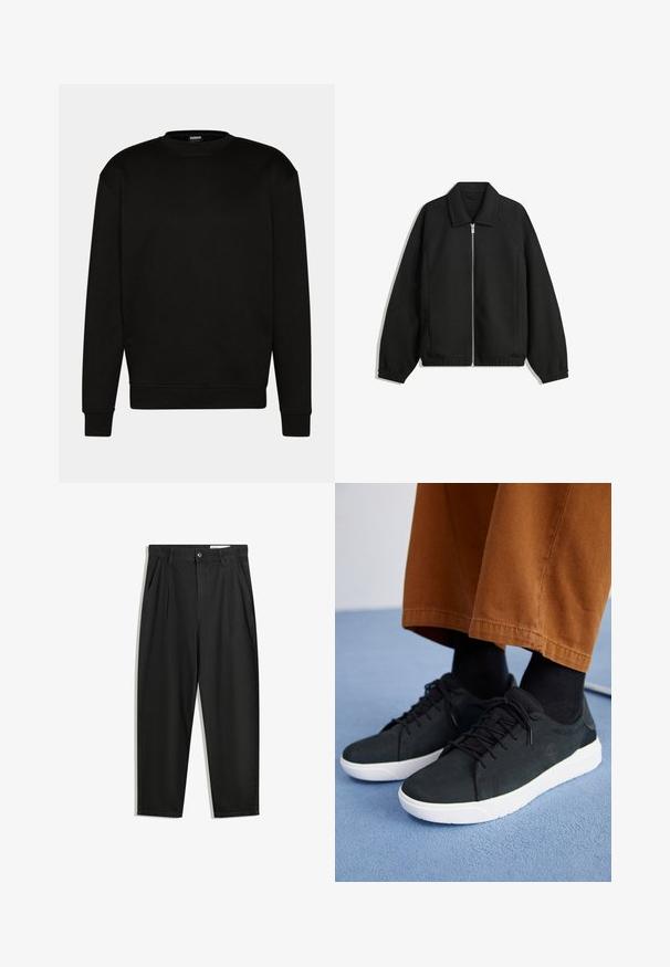Jachetă neagră dintr-un material texturat, cu fermoar frontal complet, guler și manșete elastice, având o croială lejeră și buzunare laterale.; Hanorac negru cu guler rotund, mâneci lungi și manșete ribbate. Fabricat dintr-un material moale, având un design simplu și curat, fără modele.; Pantaloni negri din bumbac cu croială lejeră, având un brâu clasic, plii frontale și buzunare laterale. Textură netedă fără modele.; Adidași negri din suede cu talpă din cauciuc albă, cu un design cu șireturi, accente texturate și branding subtil, asortați cu pantaloni maro.