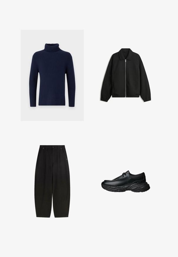 Schwarze Jacke aus strukturiertem Stoff, mit vollem Reißverschluss auf der Vorderseite, Kragen und elastischen Manschetten, im entspannten Schnitt und mit seitlichen Taschen.; Dunkelblauer Rollkragenpullover aus geripptem Strickstoff. Mit langen Ärmeln und einem taillierten Kragen. Glatte Textur, minimale Verzierungen.; Schwarze weit geschnittene Hosen mit vorderen Taschen, gefaltetem Design und einem sauberen Finish. Hergestellt aus strukturiertem Stoff mit einer Knopfverschluss.; Schwarze Leder-Slipper mit runder Spitze und dicker, strukturiertem Gummisohle. Besitzt dezente Nähte und elastische Akzente am Schaft.
