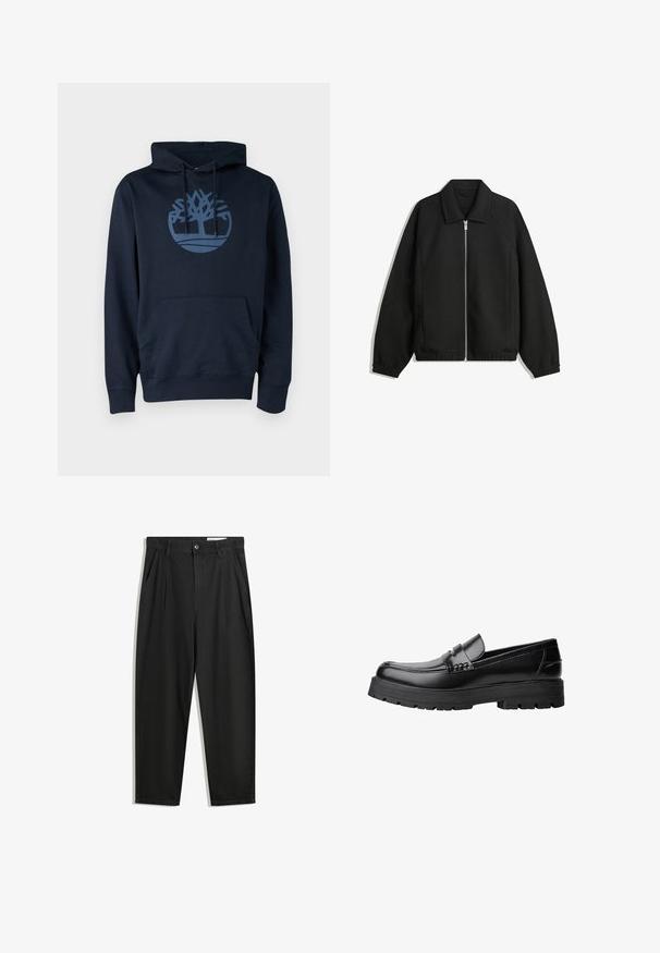 Crna jakna izrađena od teksturirane tkanine, s punim prednjim zatvaračem, ovratnikom i elastičnim manžetama, opuštenog kroja i bočnim džepovima.; Tamno plavi dukserica od kombinacije pamuka, s prednjim džepom i okruglim logotipom drveta u svjetlijoj plavoj boji na prsima.; Crne pamučne hlače s opuštenim krojem, s klasičnim pojasom, prednjim nabranjima i bočnim džepovima. Glatka tekstura bez uzoraka.; Crna kožna mokasina s debelim potplatima i dekorativnom trakom preko gornjeg dijela, prikazana u lijevom bočnom profilu na bijeloj pozadini.