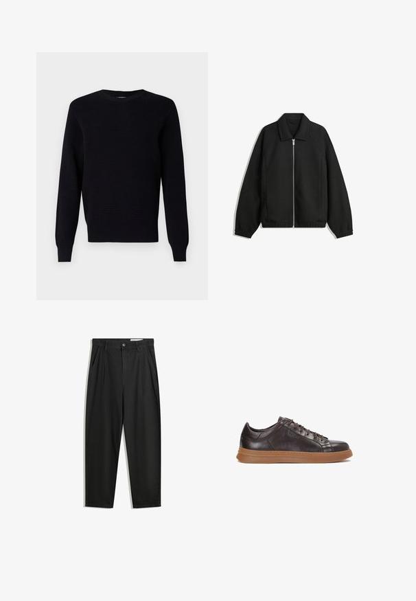 Crna jakna izrađena od teksturirane tkanine, s punim prednjim zatvaračem, ovratnikom i elastičnim manžetama, opuštenog kroja i bočnim džepovima.; Crni pleteni pulover s teksturiranim uzorkom, okruglim izrezom i rebrastim rukavima i rubom. Izrađen od mekanog materijala za udobnost.; Crne pamučne hlače s opuštenim krojem, s klasičnim pojasom, prednjim nabranjima i bočnim džepovima. Glatka tekstura bez uzoraka.; Smeđi kožni tenisice s okruglim vrhom, ravnim gumeni potplat i kontrastnim smešnim vezicama. Sadrži suptilno brendiranje sa strane. Glatka završna obrada.