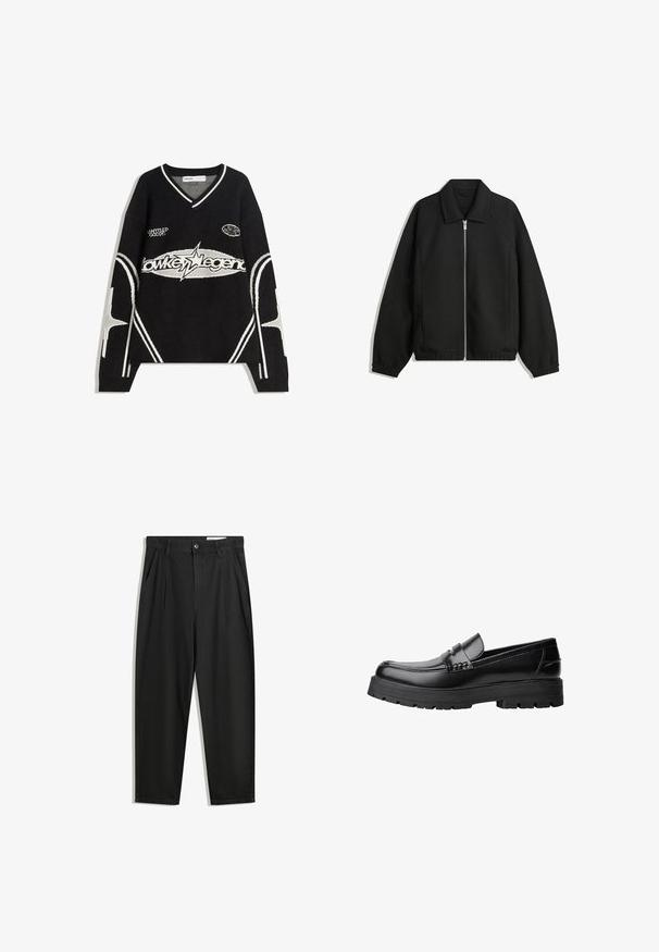 Črna jakna iz teksturirane tkanine, z dvostranskim zadrgo spredaj, ovratnikom in elastičnimi manšeti, sproščenega kroja in stranskimi žepi.; Črn pleten pulover z V-izrezom, ki vsebuje bele detajle in grafične besedilne vzorce. Vključuje zvezdne vzorce na rokavih in robu.; Črne bombažne hlače s sproščenim krojem, ki vključujejo klasičen pas, sprednje gube in stranske žepke. Gladka tekstura brez vzorcev.; Črne usnjene loafersice s debelim profiliranim podplatom in dekorativnim pasom čez zgornji del, prikazane v levem stranskem profilu na beli podlagi.