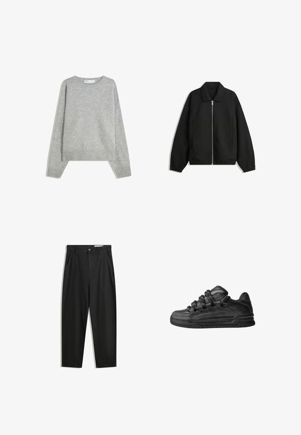 Crna jakna izrađena od teksturirane tkanine, s punim prednjim zatvaračem, ovratnikom i elastičnim manžetama, opuštenog kroja i bočnim džepovima.; Sivi pleteni pulover s okruglim izrezom, rebrastim manžetama i rubom, s opuštenim krojem i mekanom teksturom.; Crne pamučne hlače s opuštenim krojem, s klasičnim pojasom, prednjim nabranjima i bočnim džepovima. Glatka tekstura bez uzoraka.; Crne tenisice s glatkom kožnom gornjom površinom, teksturiranim detaljima i okruglim crnim i bijelim vezicama. Debeli gumeni potplat s uzorkom.