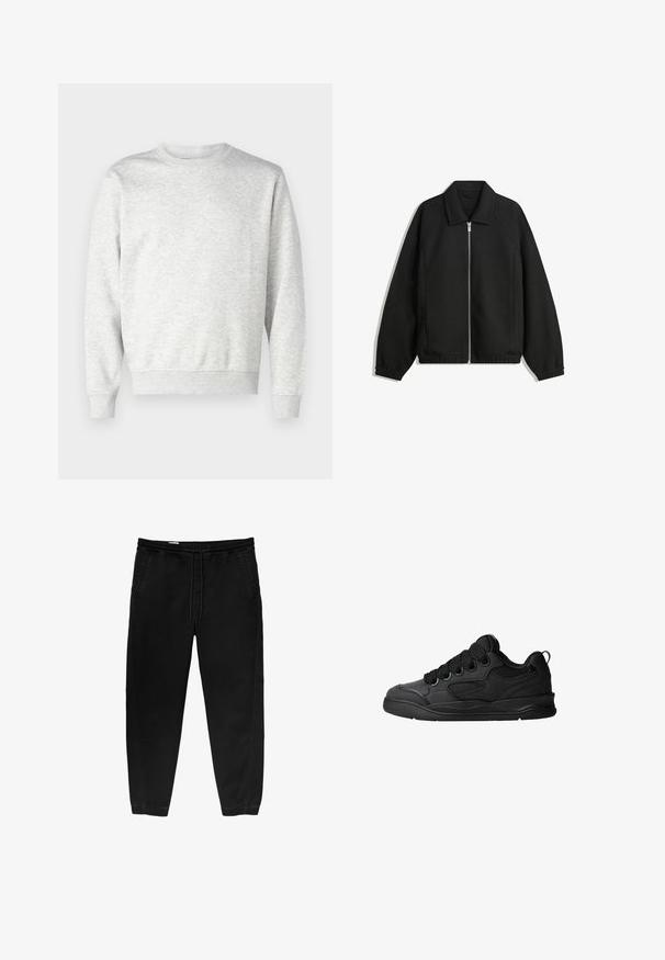 Black jacket made of textured fabric, featuring a full front zip, collar, and elastic cuffs with a relaxed fit and side pockets.; Gray sweatshirt made of soft fabric. Features a crew neck, long sleeves, ribbed cuffs, and a ribbed hem. Simple, unembellished design.; Black elastic waistband pants with a drawstring, tapered legs, side pockets, and subtle side stitching details. Soft cotton fabric texture.; Black sneakers with a textured upper, featuring laces, mesh accents for breathability, padded collar, and a sturdy outsole.