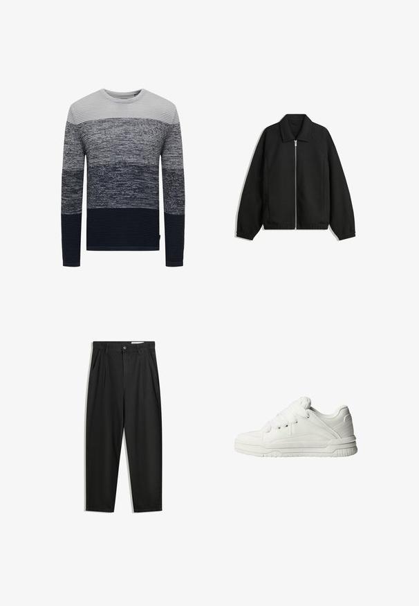 Fekete kabát texturált anyagból, teljes elöl cipzárral, gallérral és rugalmas mandzsettákkal, laza szabással és oldalsó zsebekkel.; Férfi pulóver, melynek színe fokozatosan világosszürkéből sötétkékbe vált, bordázott textúrával és hosszú ujjal rendelkezik. Kerek nyakkivágású.; Fekete pamut nadrág laza szabással, klasszikus derékrésszel, elülső hajtásokkal és oldalsó zsebekkel. Simább textúra minta nélkül.; Fehér sportcipők sima bőrből, párnázott nyelvvel, lapos fűzőkkel, és textúrázott részletekkel az oldalakon és a sarkon.