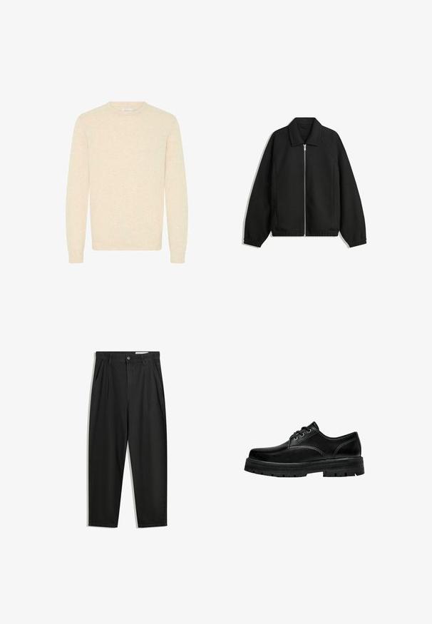 Black jacket made of textured fabric, featuring a full front zip, collar, and elastic cuffs with a relaxed fit and side pockets.; Light beige sweater made from soft knit fabric, featuring a round neckline and long sleeves, with ribbed cuffs and hem.; Black cotton trousers with a relaxed fit, featuring a classic waistband, front pleats, and side pockets. Smooth texture without patterns.; Black leather lace-up shoe with a rounded toe, textured finish, and thick rubber outsole featuring deep tread for grip.