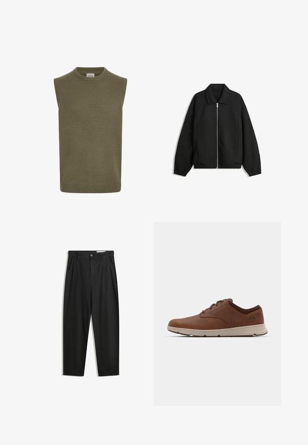 Čierna bunda vyrobená z textúrovaného materiálu, s plným predným zipsom, golierom a elastickými manžetami, so voľnejším strihom a bočnými vreckami.; Hladká bezrukávová svetrová blúzka v olivovo zelenej farbe, rebrovaná pletená textúra, okrúhly výstrih, rovný strih a subtilný detail spodného lemu. Viditeľná značka značky vo vnútri.; Čierne bavlnené nohavice s voľným strihom, s klasickým pásom, prednými záhybmi a bočnými vreckami. Hladká textúra bez vzorov.; Hnedé kožené tenisky s oblým gumeným špičkou, kontrastnou béžovou podrážkou a jemným brandingom po boku. Majú textúrovaný šnurovací dizajn.