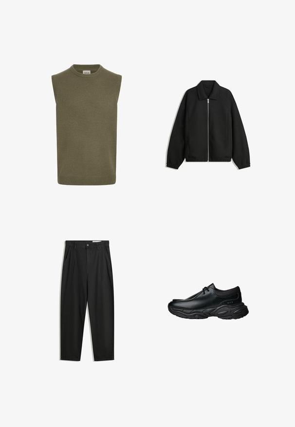 Czarna kurtka z teksturowanej tkaniny, z pełnym zamkiem z przodu, kołnierzem i elastycznymi mankietami, o luźnym kroju i kieszeniach po bokach.; Bezrękawnik w oliwkowej zieleni, o prążkowanej strukturze, okrągłym dekolcie, prostym kroju i subtelnym wykończeniu. Widoczna metka marki wewnątrz.; Czarne bawełniane spodnie o luźnym kroju, z klasycznym pasem, przednimi plisy oraz bocznymi kieszeniami. Gładka struktura, bez wzorów.; Czarne skórzane buty wsuwane z okrągłym noskiem i grubą, teksturowaną gumową podeszwą. Posiadają subtelne przeszycia oraz elastyczne akcenty na kołnierzu.