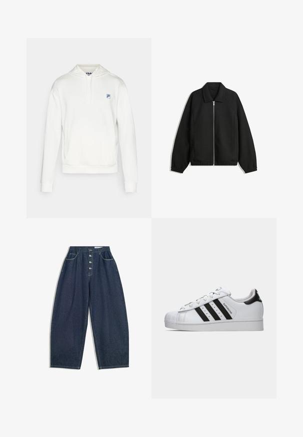 Černá bunda vyrobená z texturované látky, s plným předním zipem, límcem a elastickými manžetami, s volným střihem a bočními kapsami.; Bílá fleecová mikina s kapucí, stahovací šňůrkou a přední kapsou. Obsahuje malé modré logo FILA na hrudi. Měkká textura, ležérní design.; Tmavě modré denimové kalhoty s širokými nohavicemi, vysokým pasem, zapínáním na pět knoflíků a pěti kapsami. Obsahují švy s vypracovanými detaily.; Bílé tenisky Adidas Superstar s černými pruhy, špičkou ve tvaru skořápky a textem "Superstar" na boku, zobrazené v levém profilu na bílém pozadí.