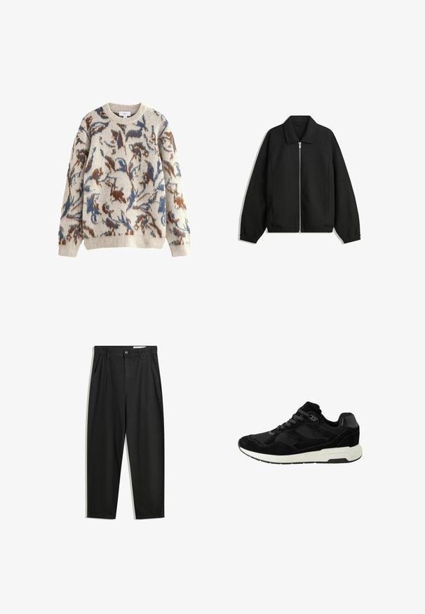 Sort jakke lavet af struktureret stof, med fuld frontlynlås, krave og elastiske mansjetter, i en afslappet pasform og sidelommer.; Cremefarvet sweater med et abstrakt blomstermønster i blå og brun, med ribbet rund hals og lange ærmer. Blød tekstur.; Sorte bomuldsbukser med en afslappet pasform, der har en klassisk talje, frontfolder og sidelommer. Glat tekstur uden mønstre.; Sort sportsko lavet af ruskind og netmateriale, med en rund tå, snørelukning og en hvid gummisål med strukturerede detaljer.