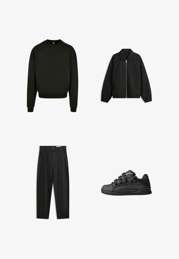 Jachetă neagră dintr-un material texturat, cu fermoar frontal complet, guler și manșete elastice, având o croială lejeră și buzunare laterale.; Sweatshirt negru cu guler rotund, realizat dintr-un material din amestec de bumbac, cu mâneci lungi și manșete și tiv cu nervuri. Design simplu, de o singură culoare.; Pantaloni negri din bumbac cu croială lejeră, având un brâu clasic, plii frontale și buzunare laterale. Textură netedă fără modele.; Adidași negri cu o parte superioară din piele netedă, accente texturate și șireturi rotunde negre și albe. Talpă groasă din cauciuc cu un profil texturat.
