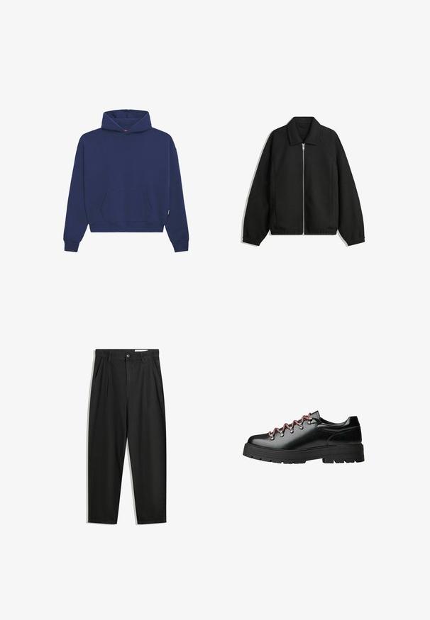 Fekete kabát texturált anyagból, teljes elöl cipzárral, gallérral és rugalmas mandzsettákkal, laza szabással és oldalsó zsebekkel.; Sötétkék kapucnis felső, bolyhos anyagból készült, elülső kenguru zsebbel, bordázott mandzsettákkal és lazán illeszkedő szabással, húzózsinórral ellátott kapucnival.; Fekete pamut nadrág laza szabással, klasszikus derékrésszel, elülső hajtásokkal és oldalsó zsebekkel. Simább textúra minta nélkül.; Fekete bőrből készült túracipő, piros és fehér cipőfűzőkkel, nagy fűzőlyukakkal és masszív barázdált talppal a tapadásért és stabilitásért.