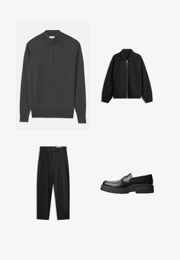 Schwarze Jacke aus strukturiertem Stoff, mit vollem Reißverschluss auf der Vorderseite, Kragen und elastischen Manschetten, im entspannten Schnitt und mit seitlichen Taschen.; Dunkelgrauer Pullover mit Reißverschluss am Hals, langen Ärmeln, gerippten Bündchen und Saum, aus einem weichen Stoff mit glatter Textur.; Schwarze Baumwollhose mit lockerem Schnitt, ausgestattet mit einem klassischen Bund, vorderen Falten und Seiten taschen. Glatte Textur ohne Muster.; Schwarzer Lederloafer mit grobem, rutschfestem Sohlenprofil und dekorativem Riemen über der Oberseite, seitlich links auf weißem Hintergrund abgebildet.