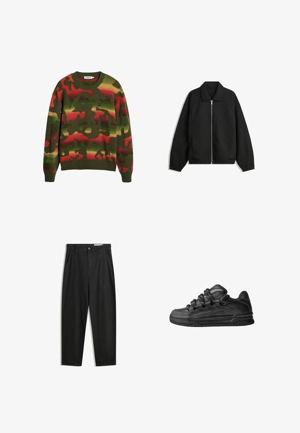 Fekete kabát texturált anyagból, teljes elöl cipzárral, gallérral és rugalmas mandzsettákkal, laza szabással és oldalsó zsebekkel.; Zöld kötött pulóver, katonai mintával, piros és sárga díszítéssel. Klasszikus kerek nyakú és bordás mandzsettával, valamint aljjal.; Fekete pamut nadrág laza szabással, klasszikus derékrésszel, elülső hajtásokkal és oldalsó zsebekkel. Simább textúra minta nélkül.; Fekete sportcipők sima bőrből készült felső résszel, struktúrált kiegészítőkkel, valamint kerek fekete és fehér fűzőkkel. Vastag gumitalp mintázott bordázattal.