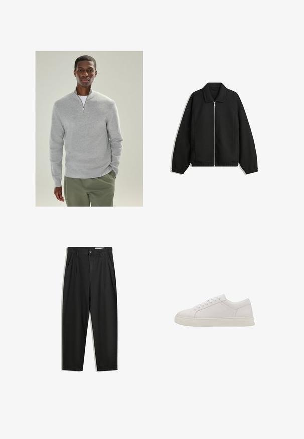 Černá bunda vyrobená z texturované látky, s plným předním zipem, límcem a elastickými manžetami, s volným střihem a bočními kapsami.; Světle šedý pletený svetr s límcem na čtvrtinový zip, ribkovanou strukturou a dlouhými rukávy, spárovaný s olivově zelenými kalhotami.; Černé bavlněné kalhoty s uvolněným střihem, klasickým pasem, předními záhyby a bočními kapsami. Hladká textura bez vzorů.; Bílé kožené tenisky s kulatou špičkou, plochou podrážkou a šesti dírkami na tkaničky. Vyznačují se hladkým povrchem a minimalistickým designem. Žádné viditelné vzory ani akcenty.