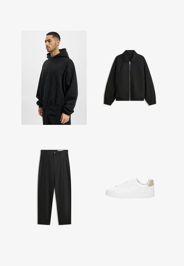 Fekete kabát texturált anyagból, teljes elöl cipzárral, gallérral és rugalmas mandzsettákkal, laza szabással és oldalsó zsebekkel.; DEF HERREN - Kapucnis pulóver - black washed; Fekete pamut nadrág laza szabással, klasszikus derékrésszel, elülső hajtásokkal és oldalsó zsebekkel. Simább textúra minta nélkül.; Fehér sportcipők sima bőrből készült felsőrészével és kerek orrával. Jellemzője a világosbarna velúr sarkú sapka, lapos fűzők és fehér gumitalp.