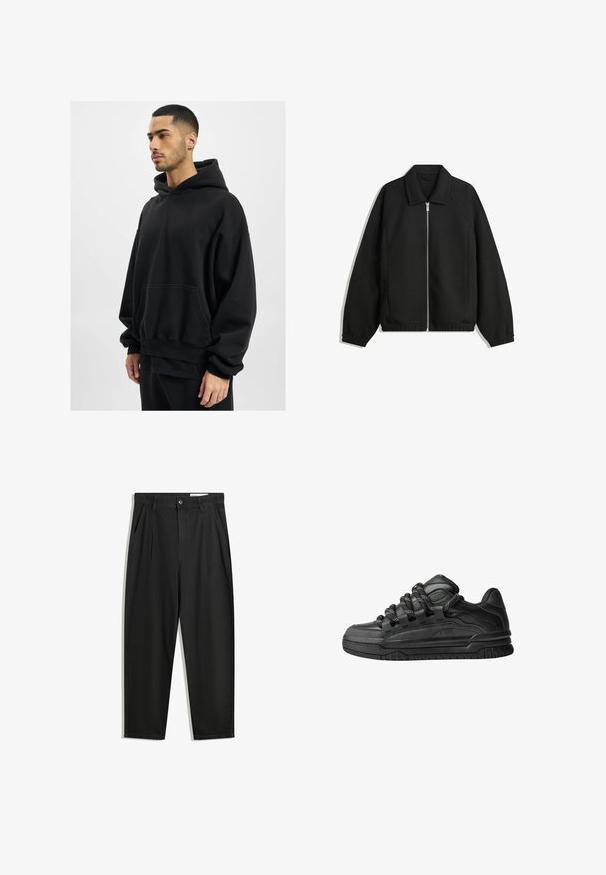 Schwarze Jacke aus strukturiertem Stoff, mit vollem Reißverschluss auf der Vorderseite, Kragen und elastischen Manschetten, im entspannten Schnitt und mit seitlichen Taschen.; DEF HERREN - Kapuzenpullover - black washed; Schwarze Baumwollhose mit lockerem Schnitt, ausgestattet mit einem klassischen Bund, vorderen Falten und Seiten taschen. Glatte Textur ohne Muster.; Schwarze Sneakers mit einem glatten Leder-Obermaterial, strukturierten Akzenten und runden schwarz-weißen Schnürsenkeln. Dicke Gummisohle mit einem gemusterten Profil.