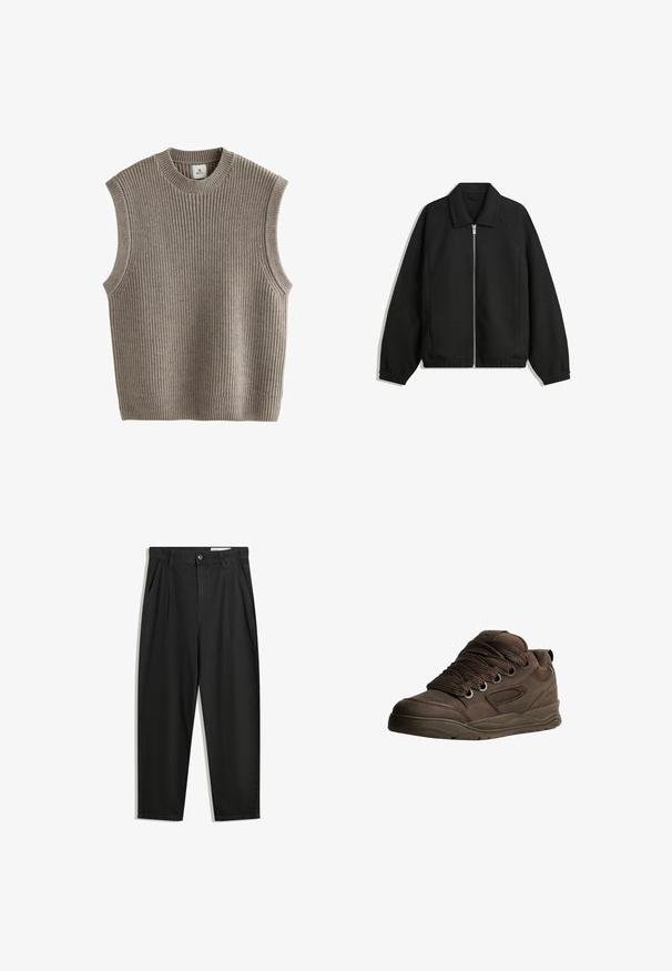 Jachetă neagră dintr-un material texturat, cu fermoar frontal complet, guler și manșete elastice, având o croială lejeră și buzunare laterale.; Pulover bej tricotat fără mâneci, cu textură daedică, decolteu rotund și deschideri laterale. Materialul pare a fi moale și elastic.; Pantaloni negri din bumbac cu croială lejeră, având un brâu clasic, plii frontale și buzunare laterale. Textură netedă fără modele.; Pantofi sport maro din material sintetic neted. Prezintă șireturi groase, accente din plasă, guler căptușit și talpă din cauciuc texturat.