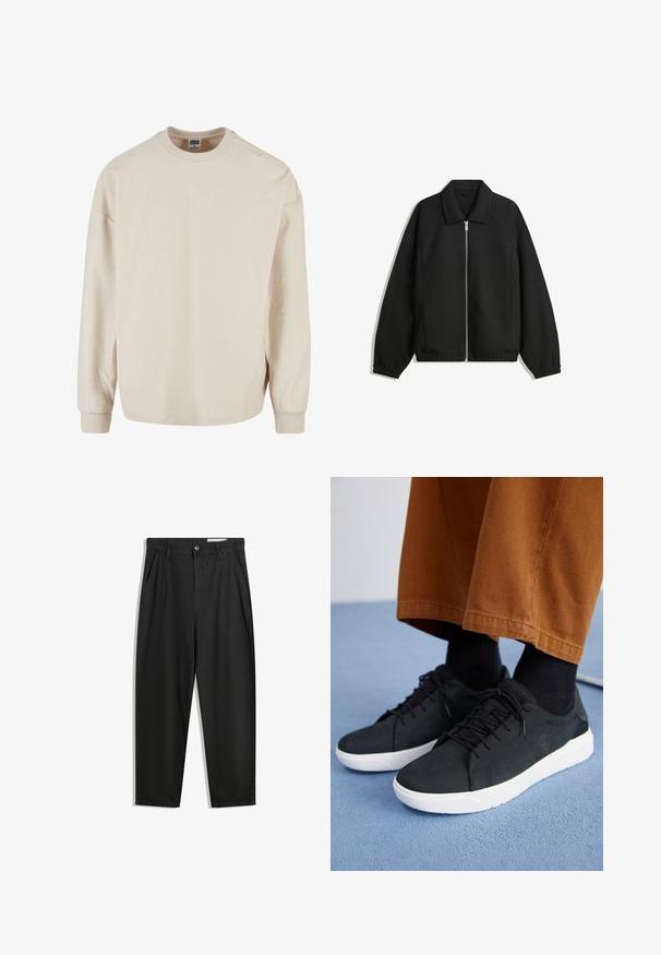 Zwarte jas van textuurstof, met een volledige rits aan de voorkant, een kraag, elastische manchetten, een ontspannen pasvorm en zijzakken.; Beige geribbelde sweatshirt met lange mouwen en een ronde halslijn, met verlaagde schouders en geribbelde manchetten. Zachte textuur en een ontspannen pasvorm.; Zwarte katoenen broeken met een losse pasvorm, voorzien van een klassieke tailleband, voorplooien en zijzakken. Gladde structuur zonder patronen.; Zwarte suède sneakers met witte rubberen zolen, voorzien van een vetersluiting ontwerp, textuuraccenten en subtiele branding, gedragen met bruine broeken.