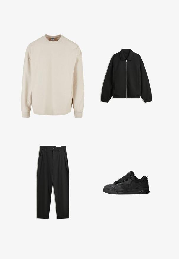 Černá bunda vyrobená z texturované látky, s plným předním zipem, límcem a elastickými manžetami, s volným střihem a bočními kapsami.; Béžový pruhovaný svetr s dlouhým rukávem a kulatým výstřihem, se spadlými rameny a žebrovanými manžetami. Měkká textilie a uvolněný střih.; Černé bavlněné kalhoty s uvolněným střihem, klasickým pasem, předními záhyby a bočními kapsami. Hladká textura bez vzorů.; Černé tenisky s texturovaným svrškem, obsahující šněrování, síťované detaily pro prodyšnost, polstrovaný límec a pevnou podrážku.