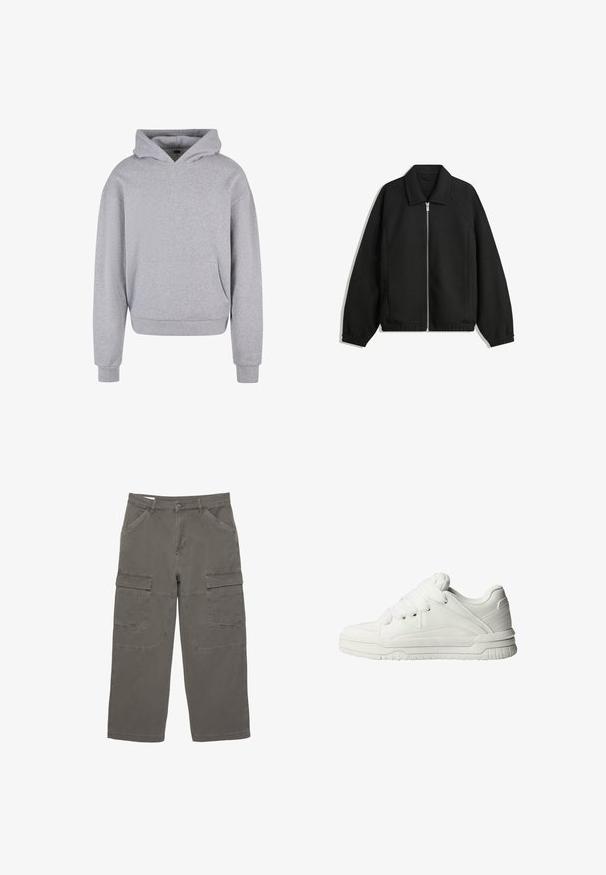 Fekete kabát texturált anyagból, teljes elöl cipzárral, gallérral és rugalmas mandzsettákkal, laza szabással és oldalsó zsebekkel.; Szürke pamut kapucnis pulóver elülső zsebbel, húzózsinórral ellátott kapucnival és bordázott mandzsettákkal, valamint aljjal. Puha, textúrált felülettel rendelkezik.; Horizontálisan szürke, pamut anyagból készült cargo nadrág, két oldalzsebbel és két nagy elülső cargo zsebbel, egyenes lábszárral.; Fehér sportcipők sima bőrből, párnázott nyelvvel, lapos fűzőkkel, és textúrázott részletekkel az oldalakon és a sarkon.