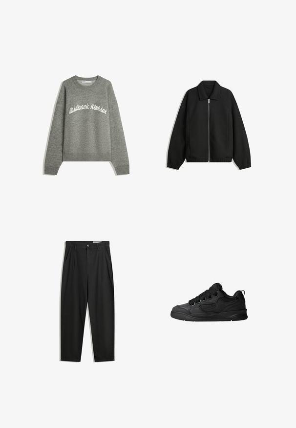 Svart jacka i strukturerad tyg, med full dragkedja framtill, krage och elastiska muddar, med en avslappnad passform och sidofickor.; Grå stickad tröja med rund halsringning, prydd med vit broderad text "laidback stories" över bröstet, ribbade ärmslut och nedkant.; Svarta bomullsshorts med avslappnad passform, med en klassisk midja, framveck och sidfickor. Slät textur utan mönster.; Svarta sneakers med en texturerad övre del, som har snören, meshaccenter för andningsförmåga, vadderad krage och en robust sula.