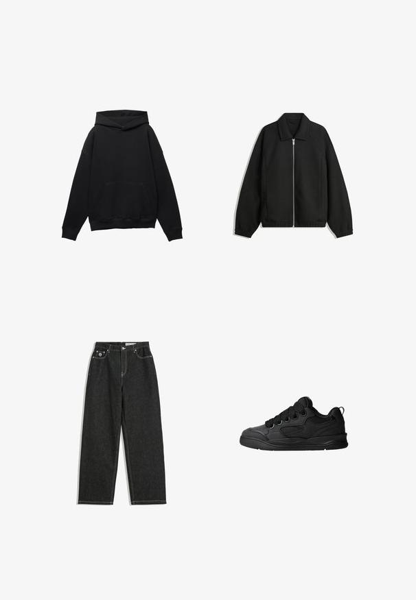 Črna jakna iz teksturirane tkanine, z dvostranskim zadrgo spredaj, ovratnikom in elastičnimi manšeti, sproščenega kroja in stranskimi žepi.; Črna kapuca iz mehkega materiala z sprednjim žepom, prevelikim krojem in kapuco z vrvico. Ima rebraste manšete in rob.; Črne ravne hlače iz jeansa z belim šivanjem, zasnova s petimi žepi, zapiranje na gumb in zadrgo, ter majhna logotip na sprednjem desnem žepu.; Črne superge z teksturiranim zgornjim delom, opremljene z vezalkami, mrežastimi dodatki za zračnost, oblazinjenim ovratnikom in trdnim podplatom.