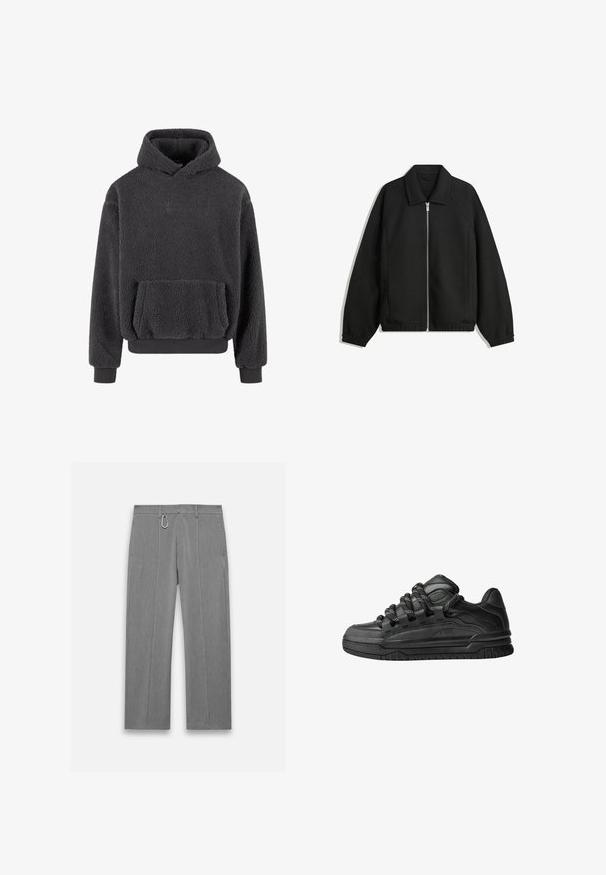 Veste noire en tissu texturé, dotée d'une fermeture éclair sur toute la longueur, d'un col et de poignets élastiques avec une coupe décontractée et des poches latérales.; Hoodie en polaire gris foncé avec une surface texturée, une poche kangourou et des poignets et un ourlet en côtes. Présente un petit logo sur la poitrine.; Pantalons taillés gris avec une finition texturée. Présentent une fermeture éclair à l'avant, des poches latérales et un accent en métal argenté. Design à jambe droite.; Baskets noires avec une tige en cuir lisse, des accents texturés et des lacets ronds noir et blanc. Semelle en caoutchouc épaisse avec un motif de semelle.