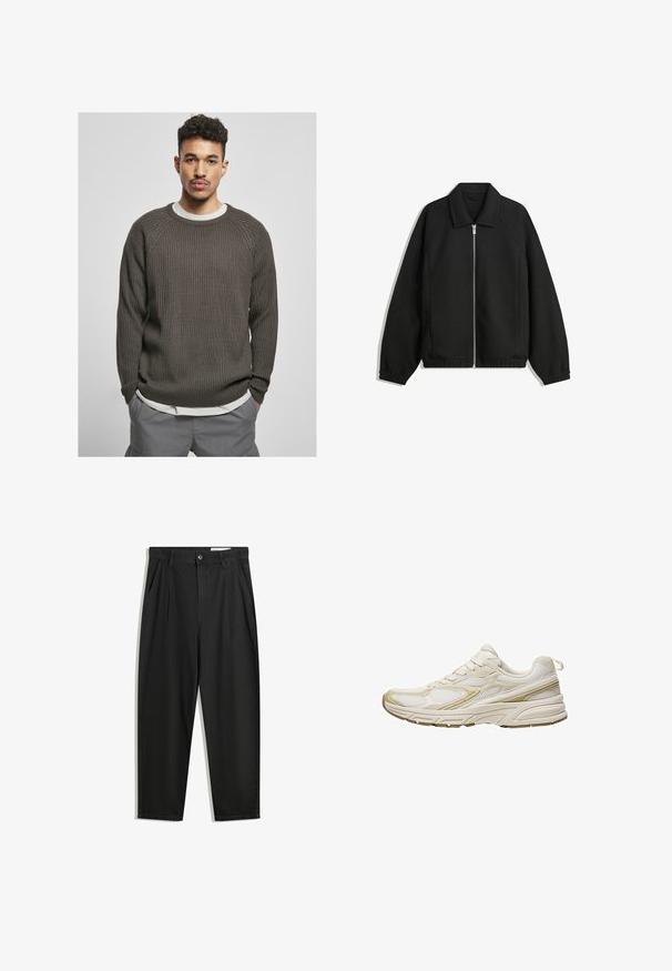 Zwarte jas van textuurstof, met een volledige rits aan de voorkant, een kraag, elastische manchetten, een ontspannen pasvorm en zijzakken.; Donkerbruin geribbeld sweater met een ronde halslijn en raglanmouwen, gelaagd over een wit shirt. De textuur ziet er zacht en comfortabel uit.; Zwarte katoenen broeken met een losse pasvorm, voorzien van een klassieke tailleband, voorplooien en zijzakken. Gladde structuur zonder patronen.; Witte sportieve schoenen van mesh en synthetisch materiaal, met een afgeronde neus, een gevoerde zool en beige accenten aan de zijkanten.