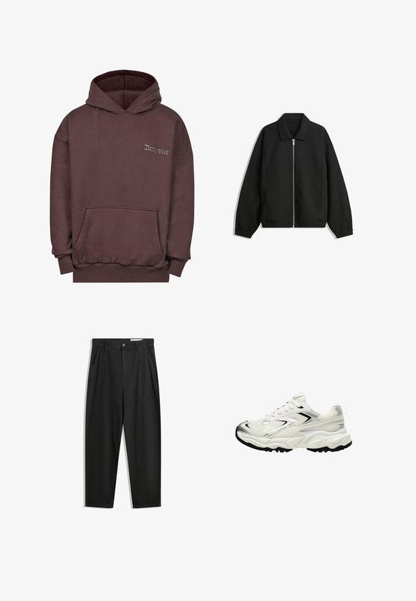 Veste noire en tissu texturé, dotée d'une fermeture éclair sur toute la longueur, d'un col et de poignets élastiques avec une coupe décontractée et des poches latérales.; Hoodie marron en tissu doux, avec une poche avant, des poignets côtelés et une capuche avec cordon de serrage. "Dropsize" brodé en gris sur la poitrine.; Pantalon en coton noir avec une coupe décontractée, dotés d'une taille classique, de plis à l'avant et de poches latérales. Texture lisse sans motifs.; Baskets blanches avec un dessus en maille, accents argentés, semelle noire et panneaux texturés. Présente un design à lacets et une forme de bout arrondi.
