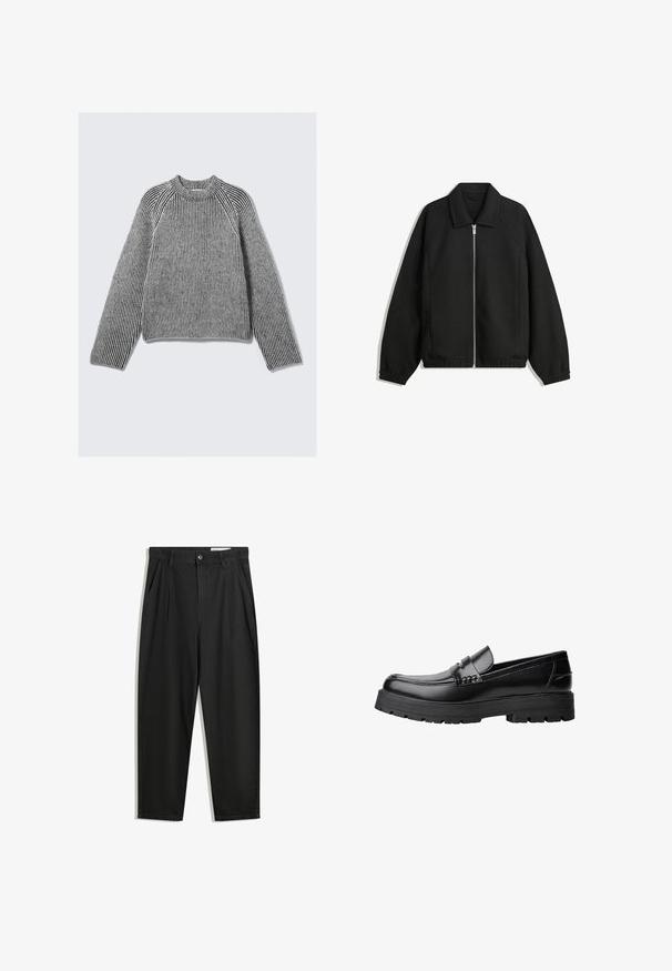 Black jacket made of textured fabric, featuring a full front zip, collar, and elastic cuffs with a relaxed fit and side pockets.; Long-sleeve, ribbed knit sweater with black and white vertical stripes and a high ribbed neckline, laid flat on a light background.; Black cotton trousers with a relaxed fit, featuring a classic waistband, front pleats, and side pockets. Smooth texture without patterns.; Black leather loafer with chunky treaded sole and decorative strap across the upper, shown in left side profile on white background.