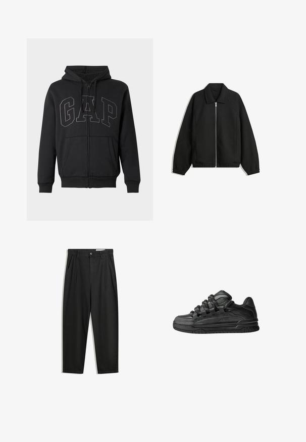 Sort jakke lavet af struktureret stof, med fuld frontlynlås, krave og elastiske mansjetter, i en afslappet pasform og sidelommer.; Sort zip-up hættejakke med forlommer, snoretræk i hætten og stort broderet "GAP" logo på tværs af brystet, foret med blødt fleece indvendigt.; Sorte bomuldsbukser med en afslappet pasform, der har en klassisk talje, frontfolder og sidelommer. Glat tekstur uden mønstre.; Sorte sneakers med en glat læderoverdel, teksturerede accenter og runde sorte og hvide snørebånd. Tyk gummisål med et mønstret slidbanemønster.