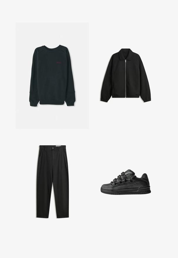 Fekete kabát texturált anyagból, teljes elöl cipzárral, gallérral és rugalmas mandzsettákkal, laza szabással és oldalsó zsebekkel.; Fekete, pamut keverékből készült pulóver, bordázott, kerek nyakkivágással, hosszú ujjakkal, és egy kis rózsaszín Timberland logóval a mellrészen.; Fekete pamut nadrág laza szabással, klasszikus derékrésszel, elülső hajtásokkal és oldalsó zsebekkel. Simább textúra minta nélkül.; Fekete sportcipők sima bőrből készült felső résszel, struktúrált kiegészítőkkel, valamint kerek fekete és fehér fűzőkkel. Vastag gumitalp mintázott bordázattal.