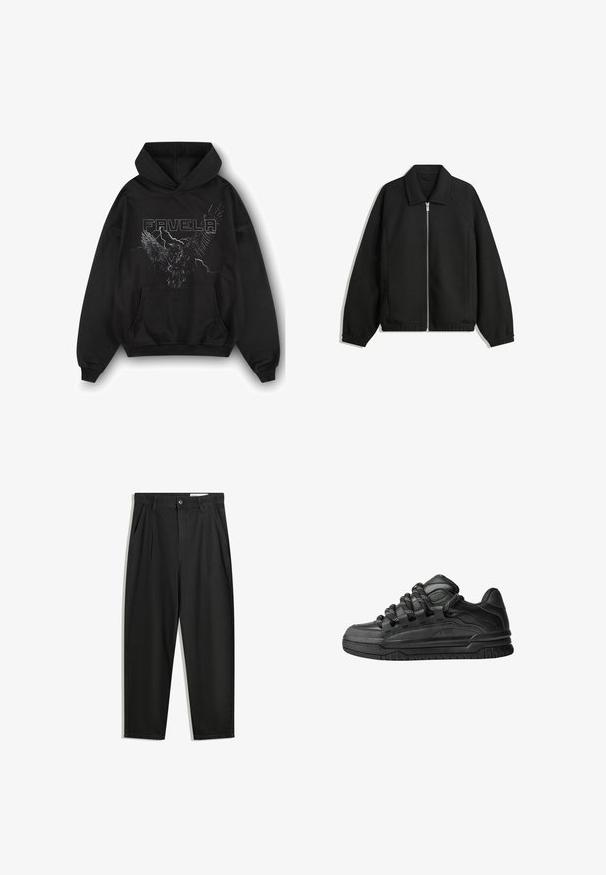 Fekete kabát texturált anyagból, teljes elöl cipzárral, gallérral és rugalmas mandzsettákkal, laza szabással és oldalsó zsebekkel.; FAVELA EAGLE - Melegítőfelső - black; Fekete pamut nadrág laza szabással, klasszikus derékrésszel, elülső hajtásokkal és oldalsó zsebekkel. Simább textúra minta nélkül.; Fekete sportcipők sima bőrből készült felső résszel, struktúrált kiegészítőkkel, valamint kerek fekete és fehér fűzőkkel. Vastag gumitalp mintázott bordázattal.