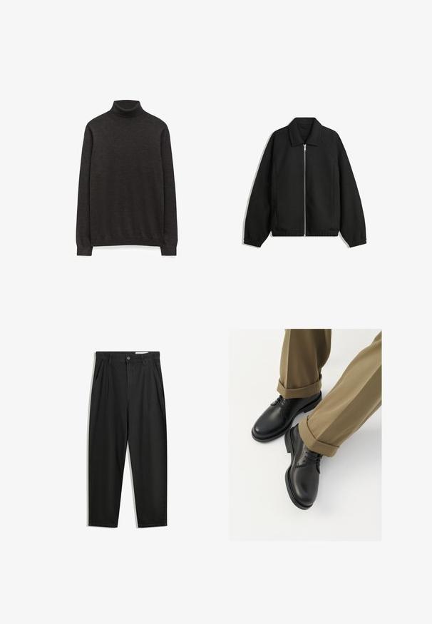 Zwarte jas van textuurstof, met een volledige rits aan de voorkant, een kraag, elastische manchetten, een ontspannen pasvorm en zijzakken.; Donkergrijze coltrui, gemaakt van een zachte gebreide stof, met lange mouwen en een getailleerd silhouet zonder zichtbare logo's.; Zwarte katoenen broeken met een losse pasvorm, voorzien van een klassieke tailleband, voorplooien en zijzakken. Gladde structuur zonder patronen.; Zwarte leren brogues met een gladde afwerking, voorzien van veters en een ronde neus, gecombineerd met opgerolde khaki broek.