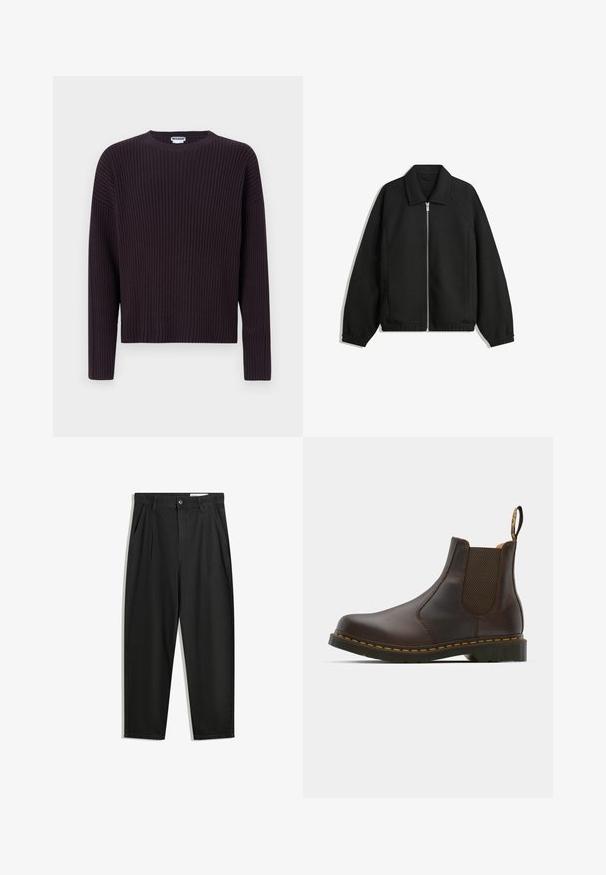 Fekete kabát texturált anyagból, teljes elöl cipzárral, gallérral és rugalmas mandzsettákkal, laza szabással és oldalsó zsebekkel.; Sötét lila bordázott kötött pulóver kerek nyakkivágással és hosszú ujjaival, laza szabással és texturált anyaggal.; Fekete pamut nadrág laza szabással, klasszikus derékrésszel, elülső hajtásokkal és oldalsó zsebekkel. Simább textúra minta nélkül.; Barna bőr Chelsea csizma elasztikus oldalsó panelekekkel, texturált sarokkal és kontrasztos sárga varrással. Könnyű felhúzást segítő fülekkel rendelkezik.