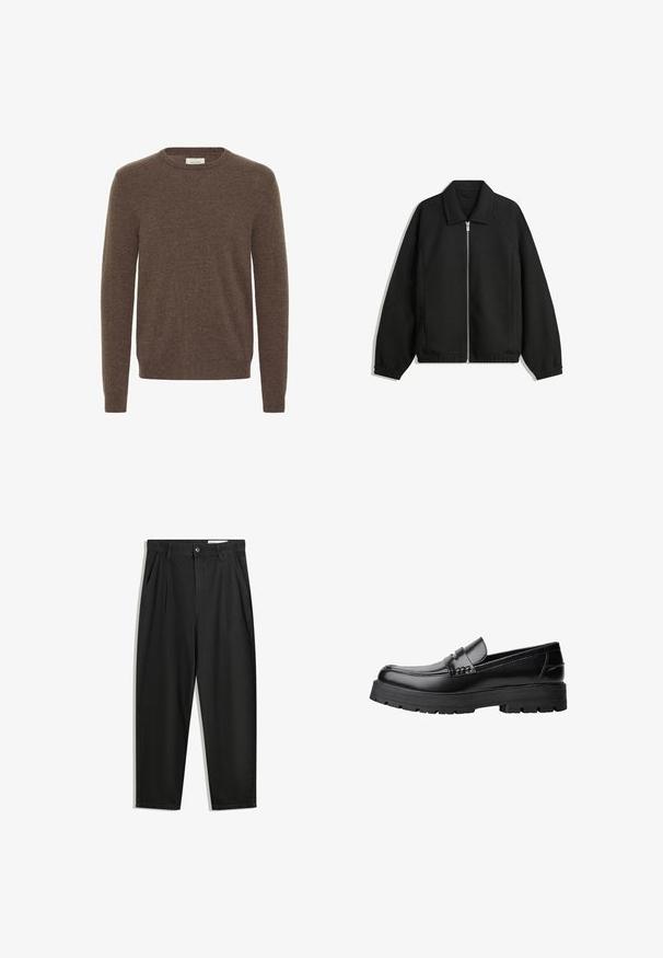 Schwarze Jacke aus strukturiertem Stoff, mit vollem Reißverschluss auf der Vorderseite, Kragen und elastischen Manschetten, im entspannten Schnitt und mit seitlichen Taschen.; Brauner Strickpullover mit rundem Ausschnitt, langen Ärmeln und einer weichen Textur. Einfaches Design ohne sichtbare Muster oder Akzente.; Schwarze Baumwollhose mit lockerem Schnitt, ausgestattet mit einem klassischen Bund, vorderen Falten und Seiten taschen. Glatte Textur ohne Muster.; Schwarzer Lederloafer mit grobem, rutschfestem Sohlenprofil und dekorativem Riemen über der Oberseite, seitlich links auf weißem Hintergrund abgebildet.