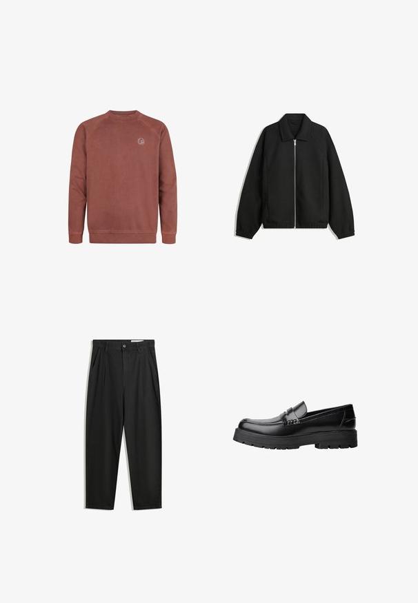 Črna jakna iz teksturirane tkanine, z dvostranskim zadrgo spredaj, ovratnikom in elastičnimi manšeti, sproščenega kroja in stranskimi žepi.; Bordo pulover s krojem iz mešanice mehkega bombaža. Ima raglan rokave in majhno logotipno nalepko na prsih. Gladka tekstura, rebrasti manšeti.; Črne bombažne hlače s sproščenim krojem, ki vključujejo klasičen pas, sprednje gube in stranske žepke. Gladka tekstura brez vzorcev.; Črne usnjene loafersice s debelim profiliranim podplatom in dekorativnim pasom čez zgornji del, prikazane v levem stranskem profilu na beli podlagi.