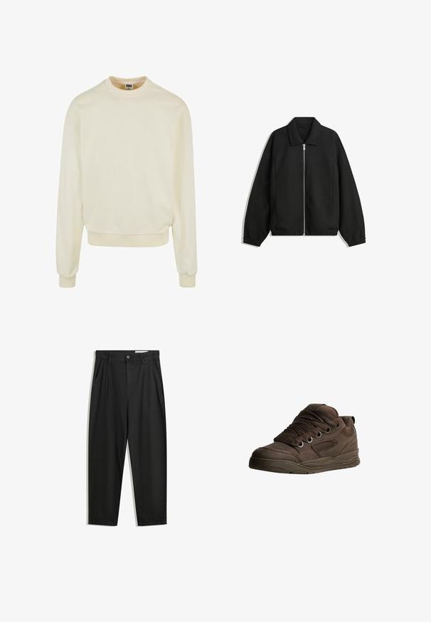 Černá bunda vyrobená z texturované látky, s plným předním zipem, límcem a elastickými manžetami, s volným střihem a bočními kapsami.; Krémová mikina vyrobená z měkké látky, s kulatým výstřihem, dlouhými rukávy a manžetami a lemem s žebrovaným vzorem. Bez vzorů nebo grafik.; Černé bavlněné kalhoty s uvolněným střihem, klasickým pasem, předními záhyby a bočními kapsami. Hladká textura bez vzorů.; Hnědé sportovní boty vyrobené z hladkého syntetického materiálu. Mají silné šňůrky, síťované detaily, polstrovaný límec a texturovanou gumovou podrážku.