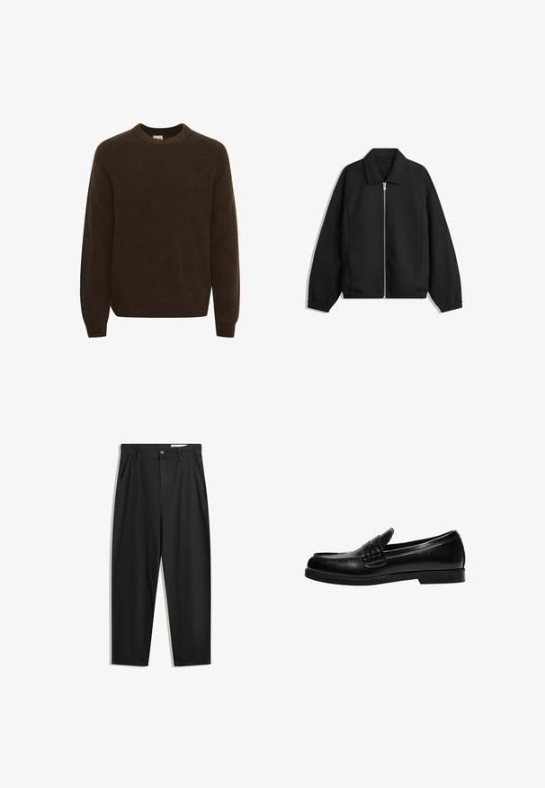 Black jacket made of textured fabric, featuring a full front zip, collar, and elastic cuffs with a relaxed fit and side pockets.; Brown knit sweater with a round neckline, long sleeves, and a soft texture. The design features a ribbed pattern throughout.; Black cotton trousers with a relaxed fit, featuring a classic waistband, front pleats, and side pockets. Smooth texture without patterns.; Black leather loafer with a smooth finish, featuring a stitch detail on the vamp and a low, solid black rubber sole.
